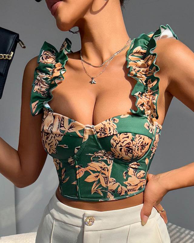New V-neck sexy print with breast pads, fishbone slimming and beautiful back strap top - CELIA MODA