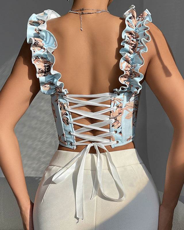 New V-neck sexy print with breast pads, fishbone slimming and beautiful back strap top - CELIA MODA