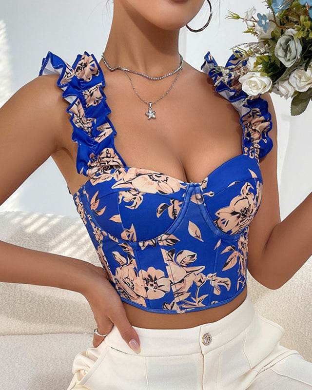 New V-neck sexy print with breast pads, fishbone slimming and beautiful back strap top - CELIA MODA