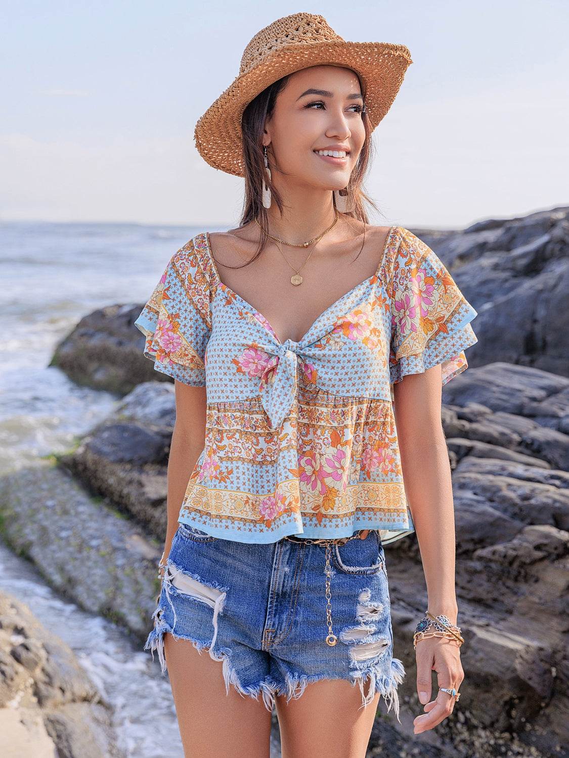Printed Sweetheart Neck Layered Short Sleeve Blouse - CELIA MODA