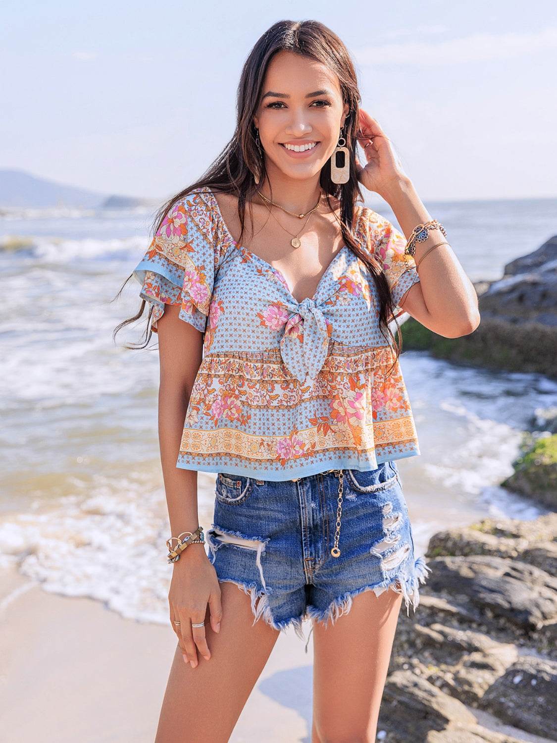 Printed Sweetheart Neck Layered Short Sleeve Blouse - CELIA MODA