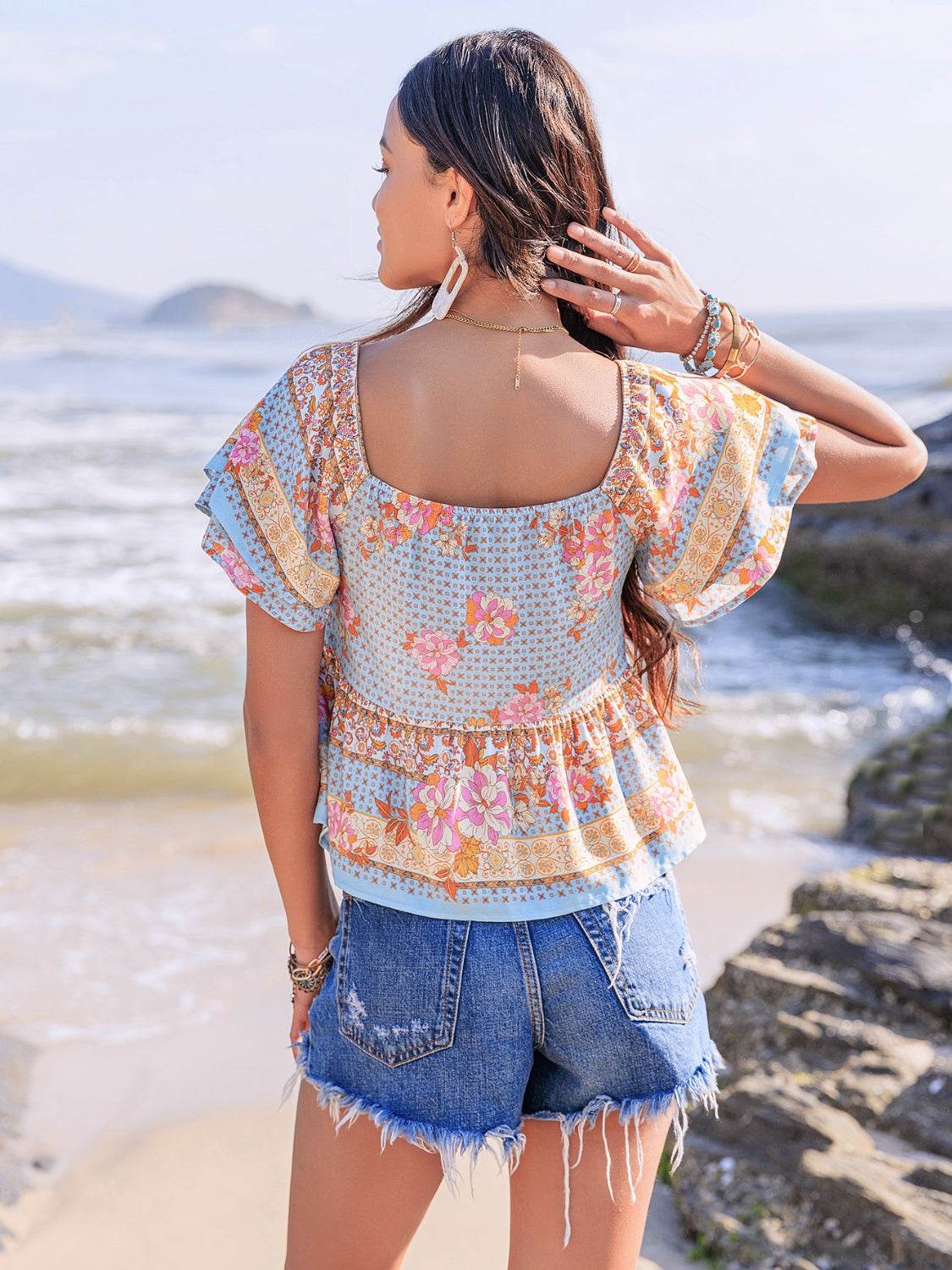 Printed Sweetheart Neck Layered Short Sleeve Blouse - CELIA MODA