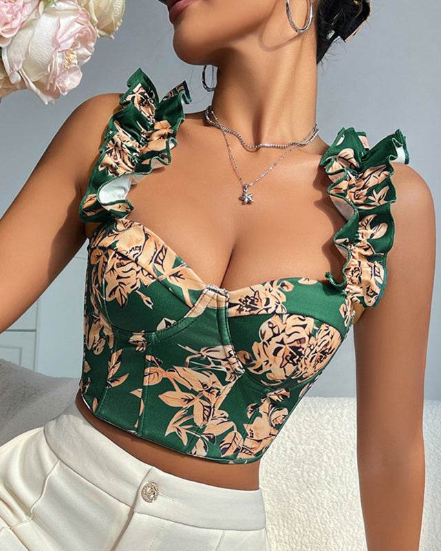 New V-neck sexy print with breast pads, fishbone slimming and beautiful back strap top - CELIA MODA