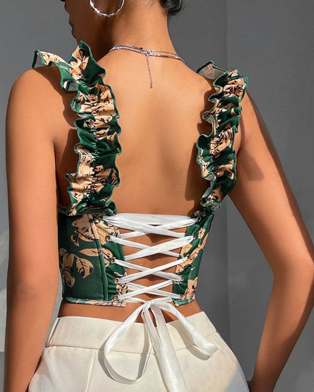 New V-neck sexy print with breast pads, fishbone slimming and beautiful back strap top - CELIA MODA