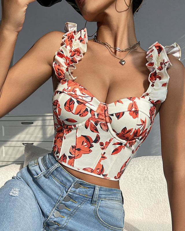 New V-neck sexy print with breast pads, fishbone slimming and beautiful back strap top - CELIA MODA