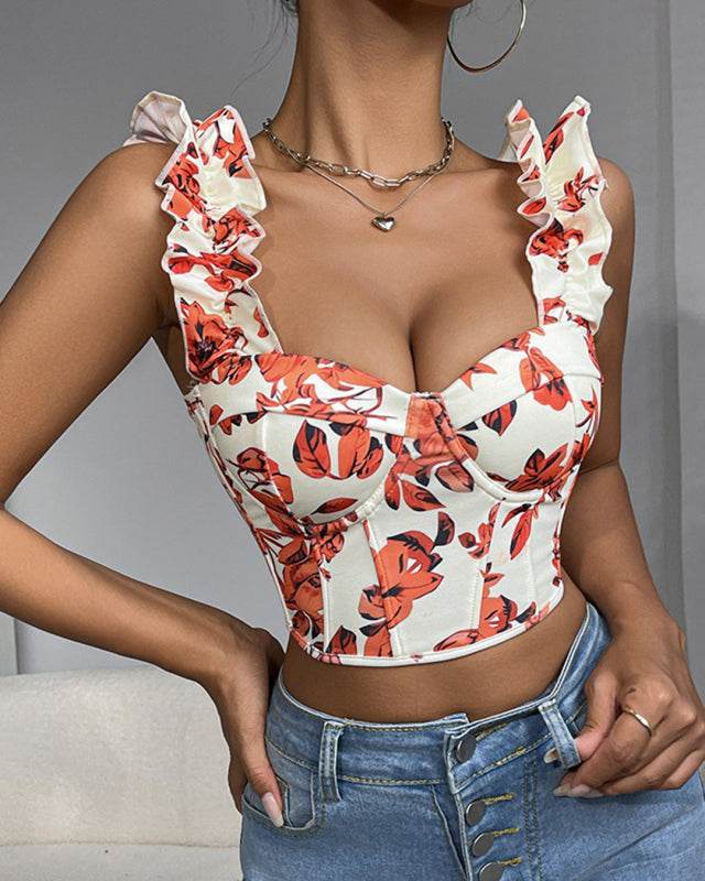 New V-neck sexy print with breast pads, fishbone slimming and beautiful back strap top - CELIA MODA