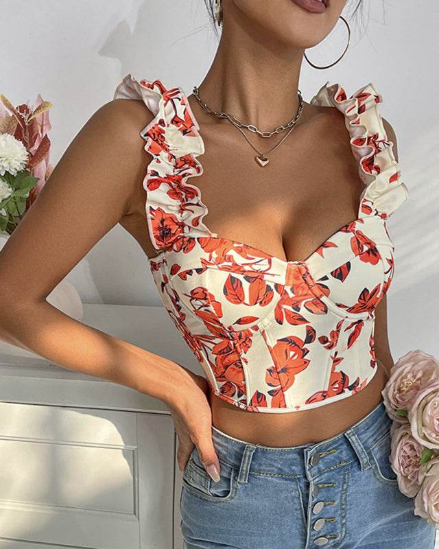 New V-neck sexy print with breast pads, fishbone slimming and beautiful back strap top - CELIA MODA